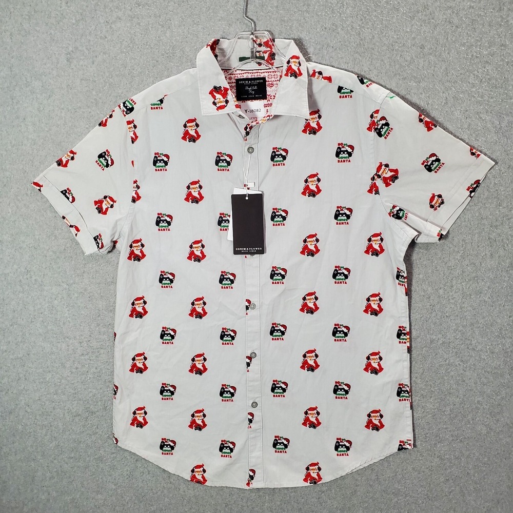 Denim & Flower‎ Men Button Up Shirt Medium White Sleigh Bells Ring Holiday NWT